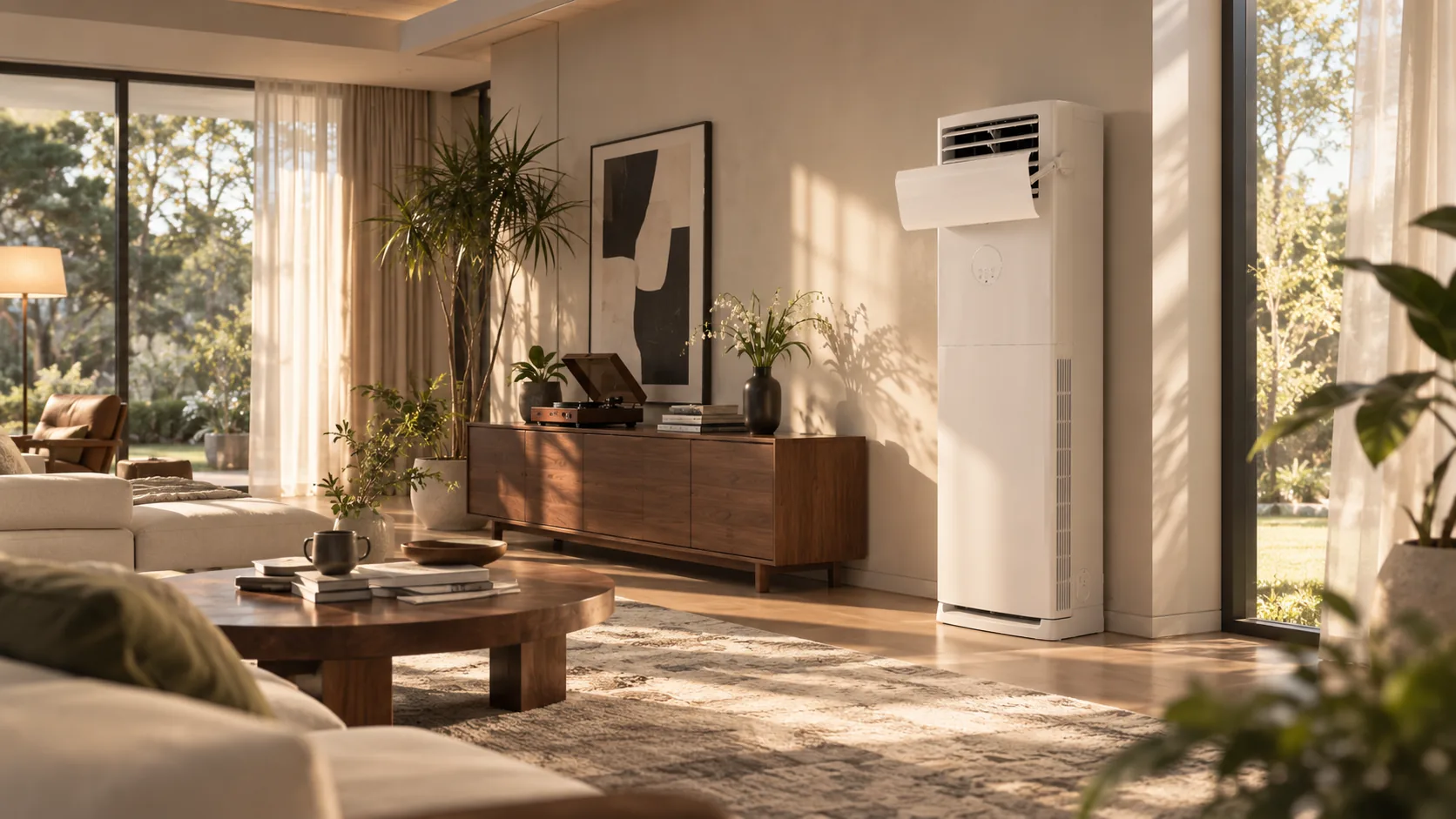 Floor-standing air conditioner with an air deflector in a modern interior