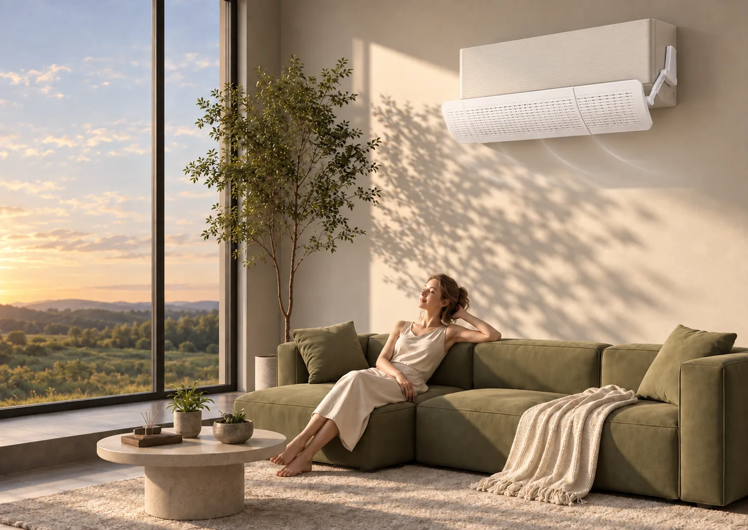 Wall-mounted air deflector creating indirect airflow in a warm living room
