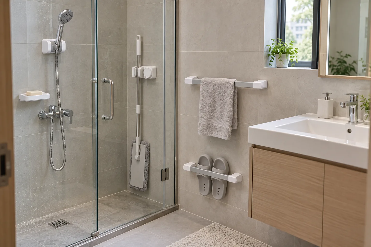 Organized bathroom featuring compact wall-mounted storage products