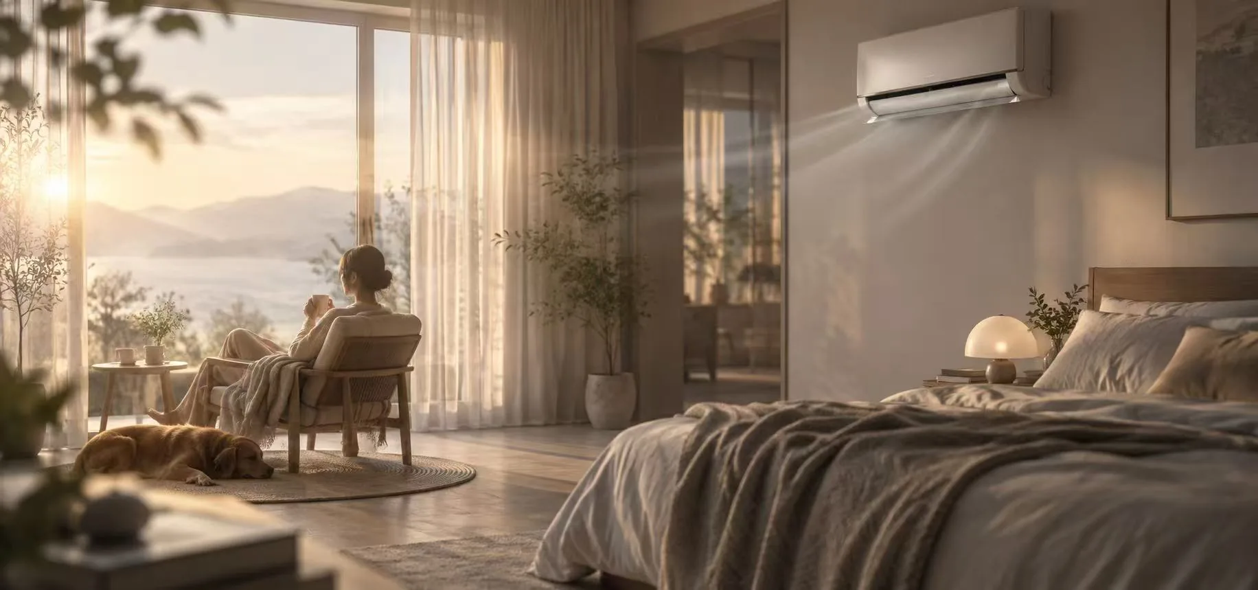 A calm bedroom cooled by a wall-mounted air conditioner at sunset