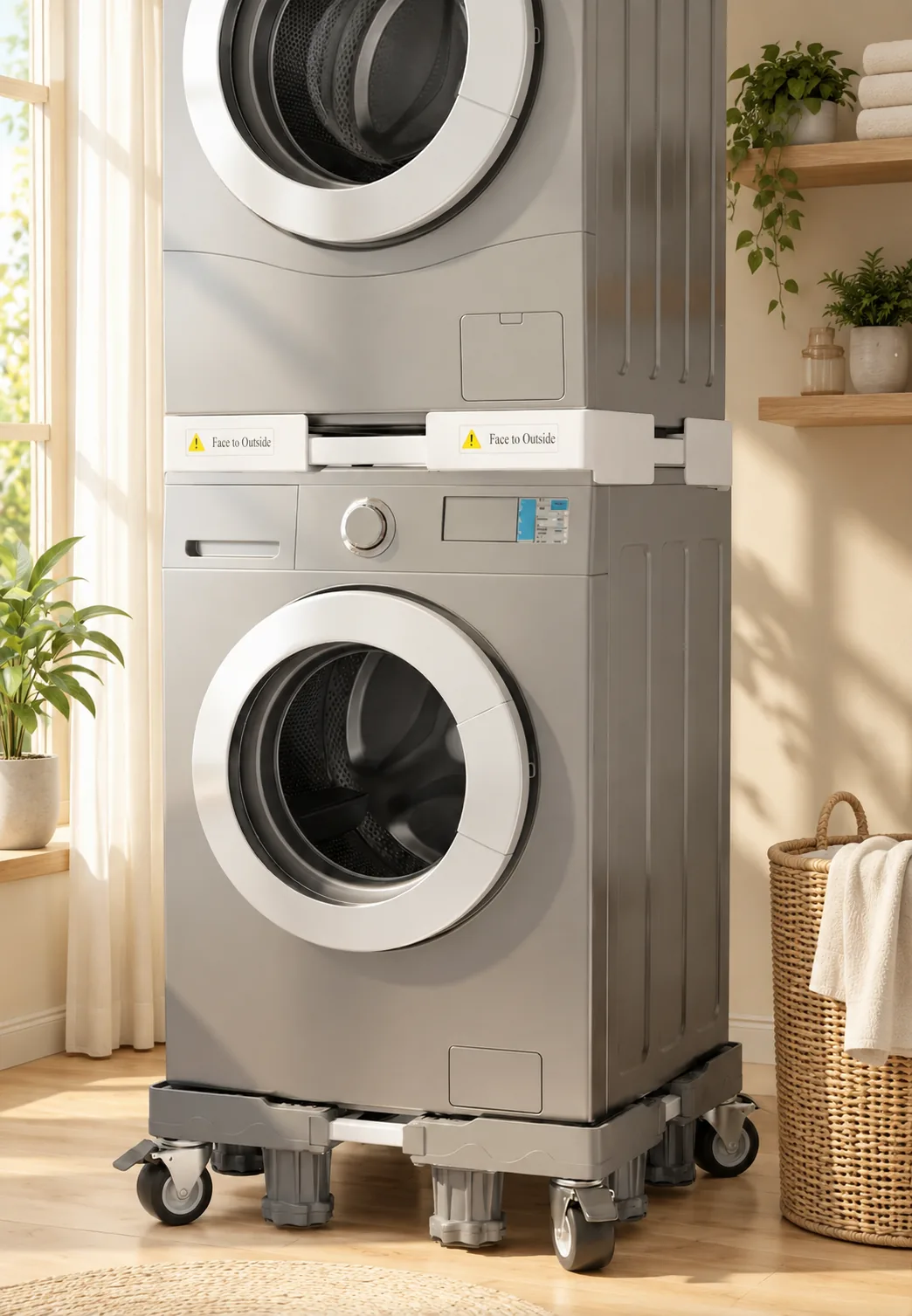 A neatly stacked washer and dryer in a bright laundry room